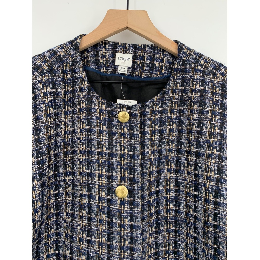 J Crew Blazer Womens 24 Blue Black Tweed Gold Crest Button Office Career NEW